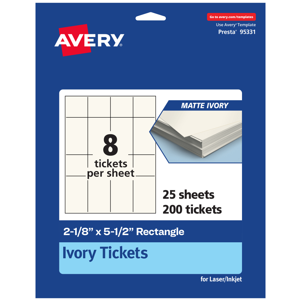 Avery Printable Tickets, 2-1/8inx5.5in, Matte Ivory, Pack Of 200 MPN:95331-MIC25