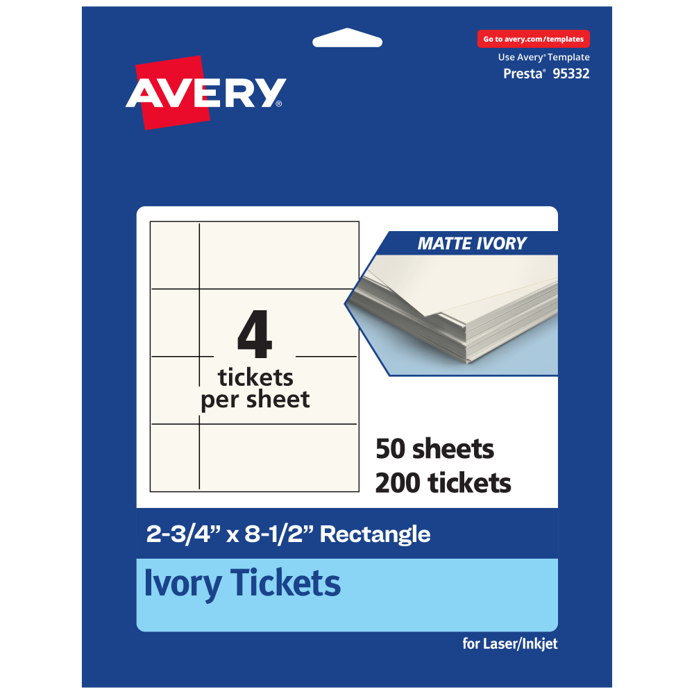 Avery Printable Tickets, 2.75inx8.5in, Matte Ivory, Pack Of 200 MPN:95332-MIC50