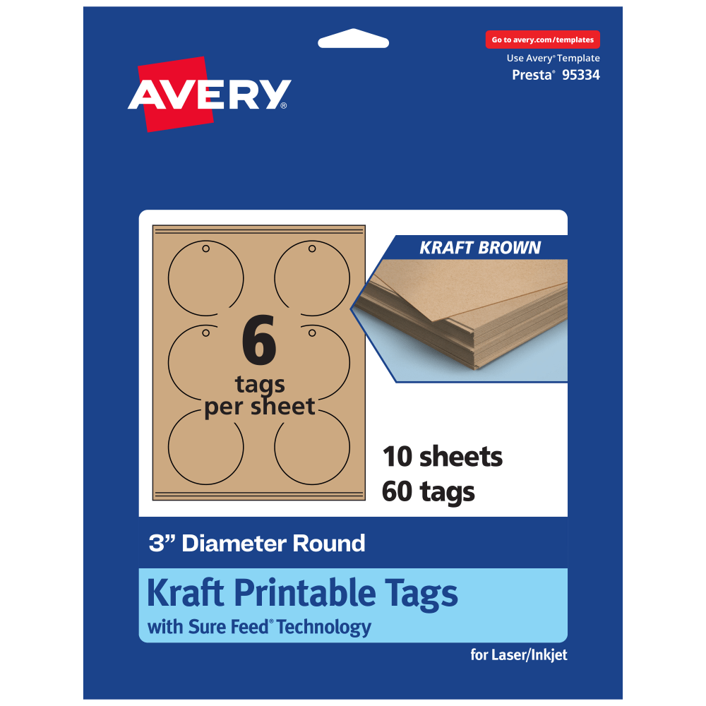 Avery Printable Tags With Sure Feed Technology, Print-To-The-Edge, 3in, Kraft Brown, Pack Of 60 MPN:95334-KMT10