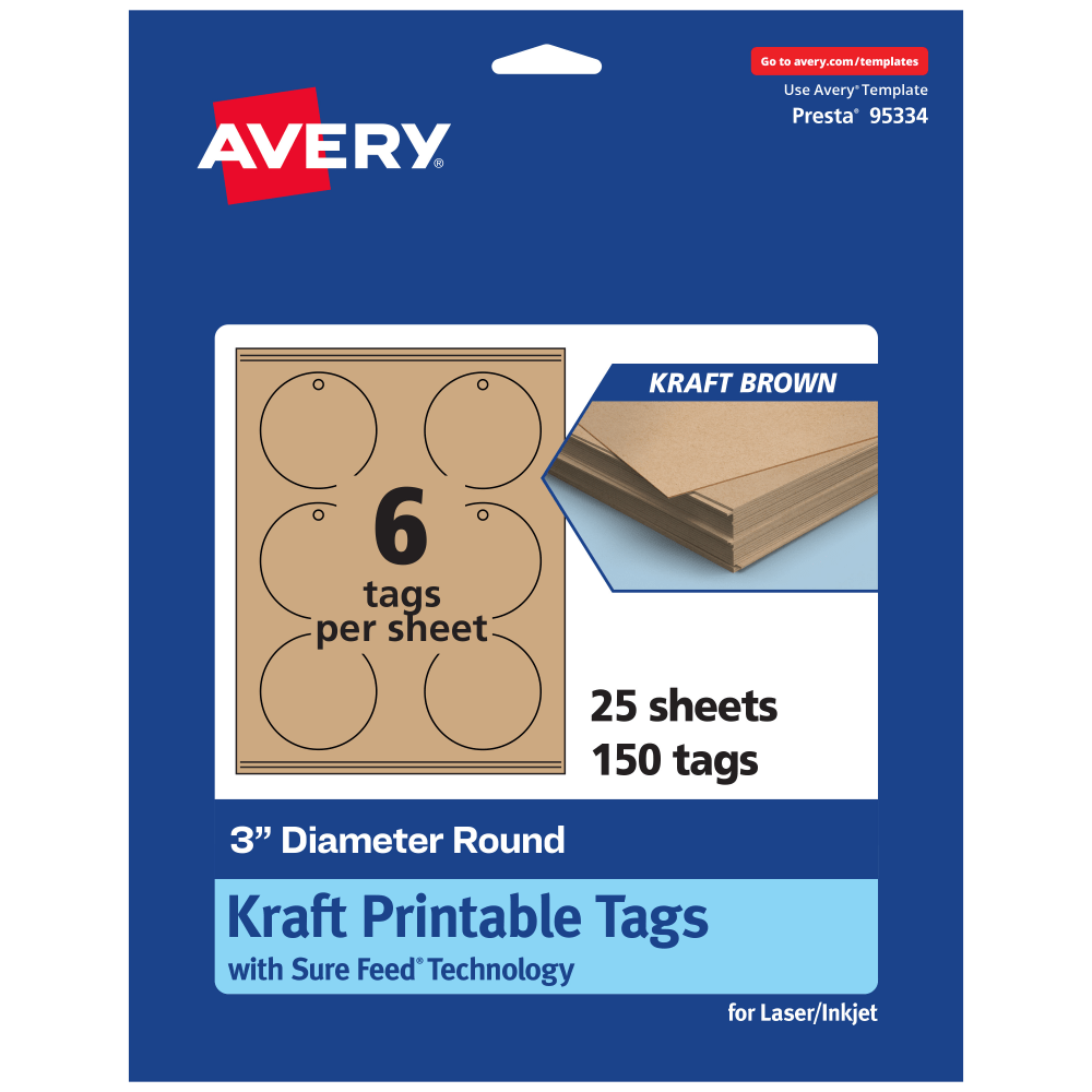 Avery Printable Tags With Sure Feed Technology, Print-To-The-Edge, 3in, Kraft Brown, Pack Of 150 MPN:95334-KMT25