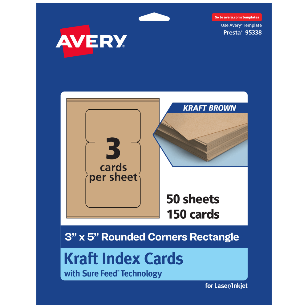 Avery Printable Index Cards With Sure Feed Technology, 3in x 5in Rectangle Rounded Corners, Kraft Brown, Pack Of 150 MPN:95338-KMC50