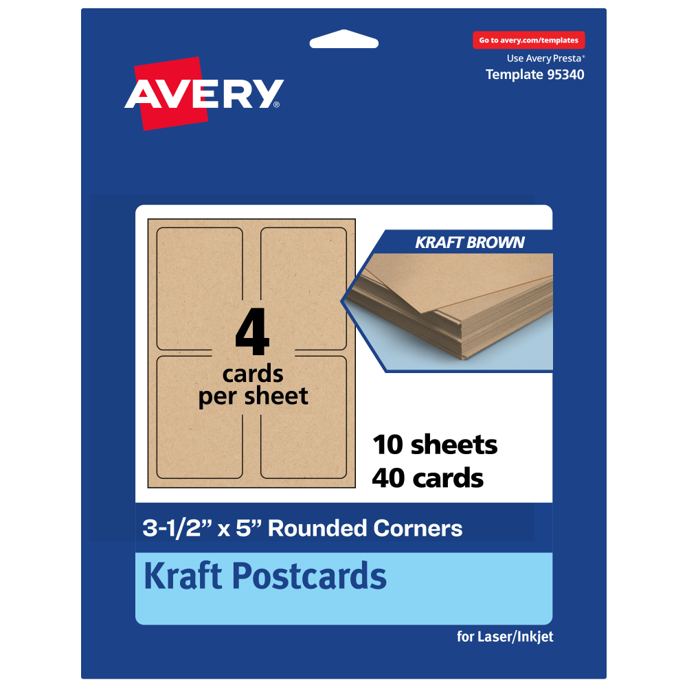 Avery Printable Postcards, 3-1/2in x 5in Rectangle Rounded Corners, Kraft Brown, Pack Of 40 MPN:95340-KMC10
