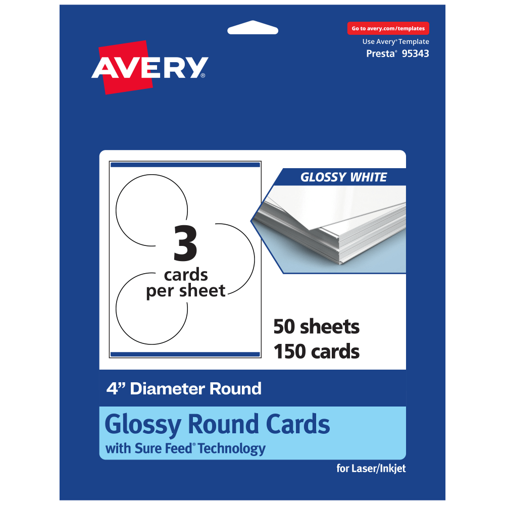 Avery Printable Note Cards With Sure Feed Technology, 4in Round, Glossy White, Pack Of 150 MPN:95343-GWC50