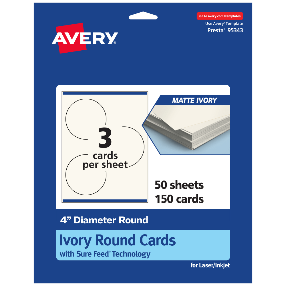 Avery Printable Note Cards With Sure Feed Technology, 4in Round, Matte Ivory, Pack Of 150 MPN:95343-MIC50