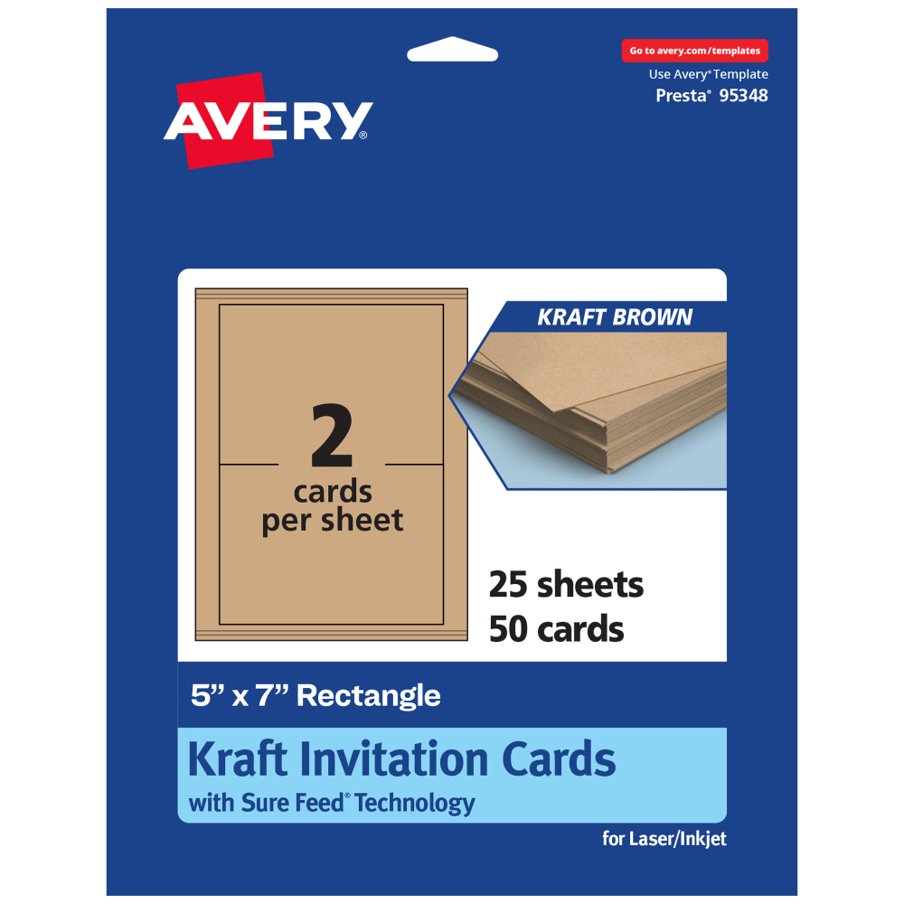 Avery Printable Invitation Cards With Sure Feed Technology, 5in x 7in Rectangle, Kraft Brown, Pack Of 50 MPN:95348-KMC25