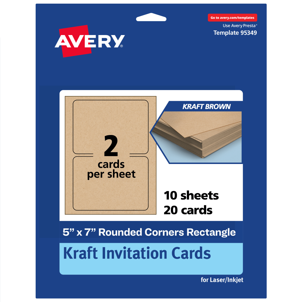Avery Printable Invitation Cards, 5in x 7in Rectangle Rounded Corners, Kraft Brown, Pack Of 20 MPN:95349-KMC10