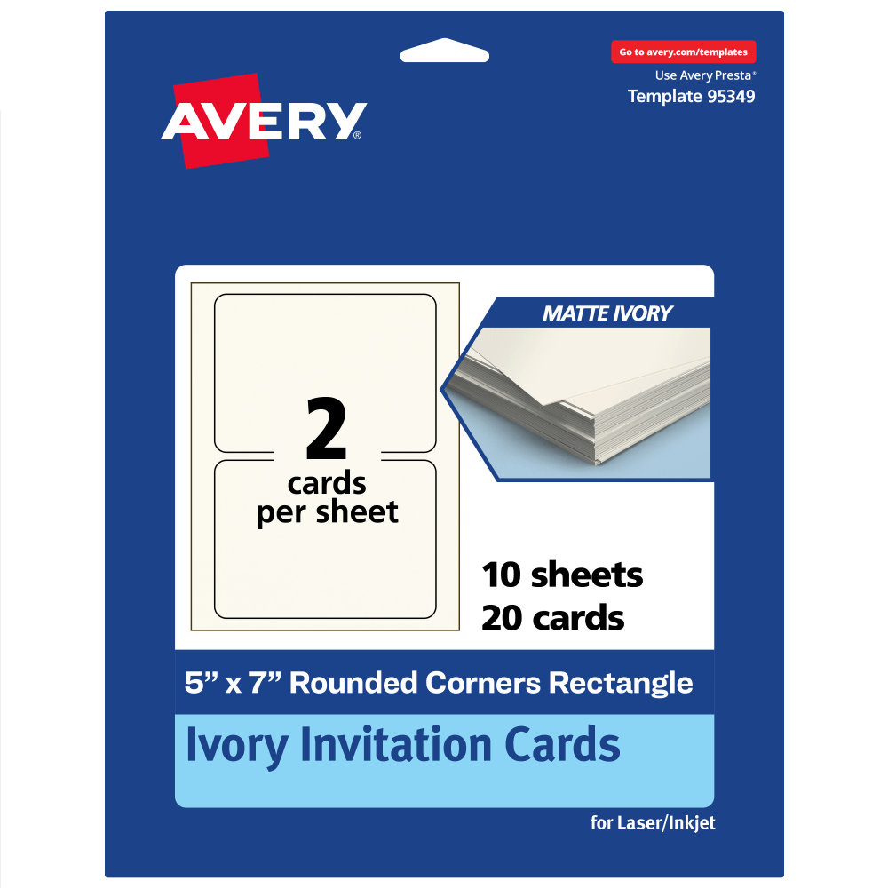 Avery Printable Invitation Cards, 5in x 7in Rectangle Rounded Corners, Matte Ivory, Pack Of 20 MPN:95349-MIC10
