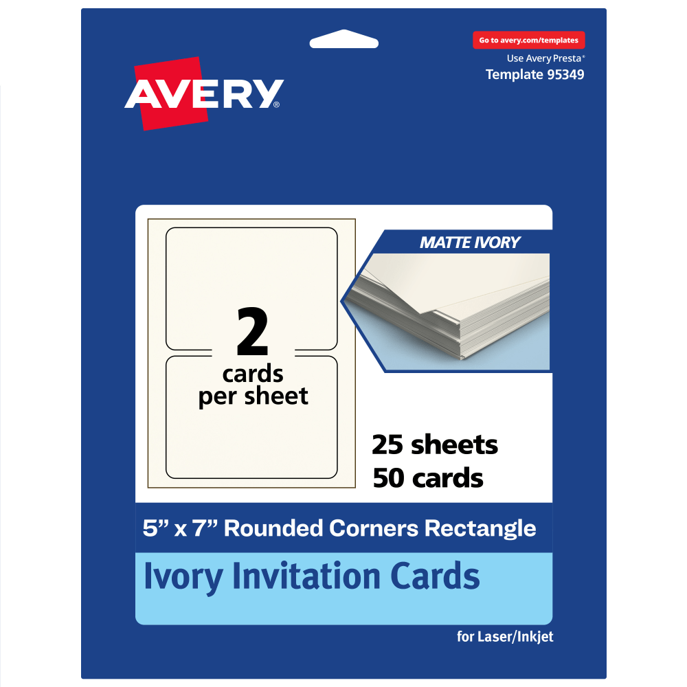 Avery Printable Invitation Cards, 5in x 7in Rectangle Rounded Corners, Matte Ivory, Pack Of 50 MPN:95349-MIC25
