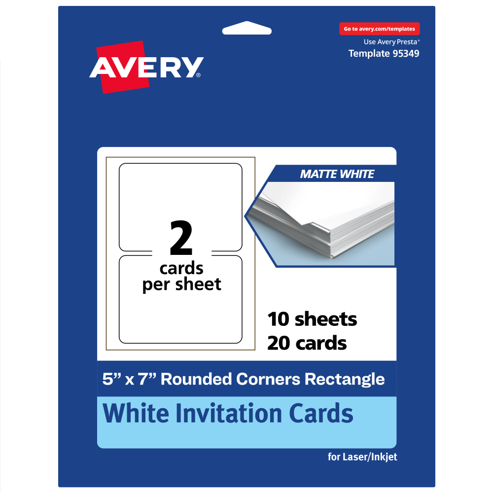 Avery Printable Invitation Cards, 5in x 7in Rectangle Rounded Corners, Matte White, Pack Of 20 MPN:95349-MWC10