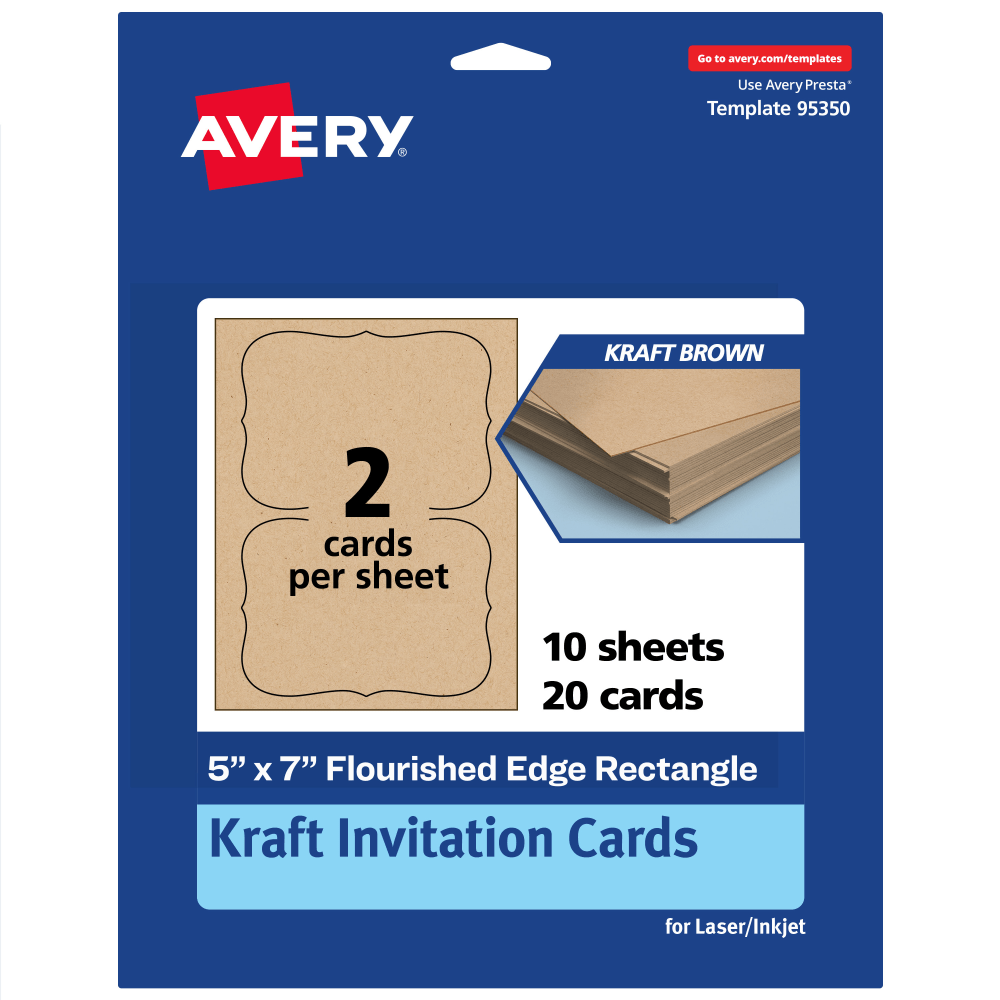 Avery Printable Invitation Cards, 5in x 7in Rectangle Flourished Edge, Kraft Brown, Pack Of 20 MPN:95350-KMC10