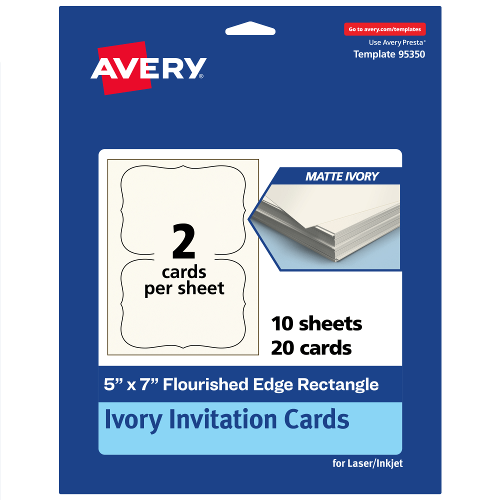 Avery Printable Invitation Cards, 5in x 7in Rectangle Flourished Edge, Matte Ivory, Pack Of 20 MPN:95350-MIC10