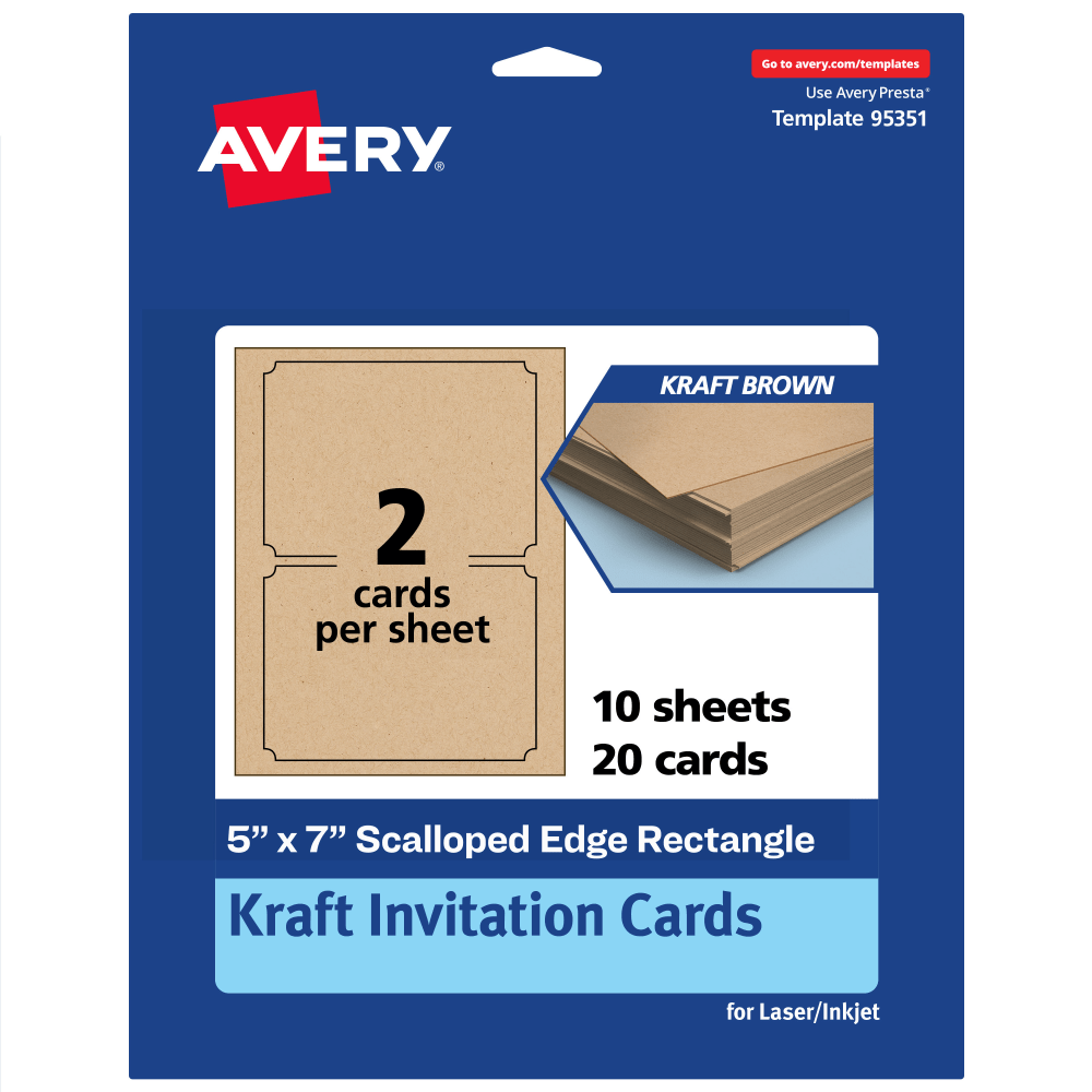 Avery Printable Invitation Cards, 5in x 7in Rectangle Scalloped Edge, Kraft Brown, Pack Of 20 MPN:95351-KMC10