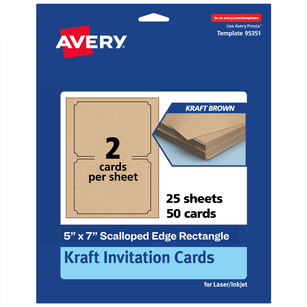 Avery Printable Invitation Cards, 5in x 7in Rectangle Scalloped Edge, Kraft Brown, Pack Of 50 MPN:95351-KMC25