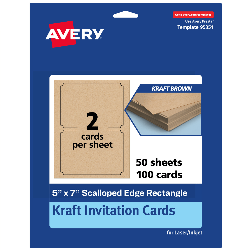 Avery Printable Invitation Cards, 5in x 7in Rectangle Scalloped Edge, Kraft Brown, Pack Of 100 MPN:95351-KMC50