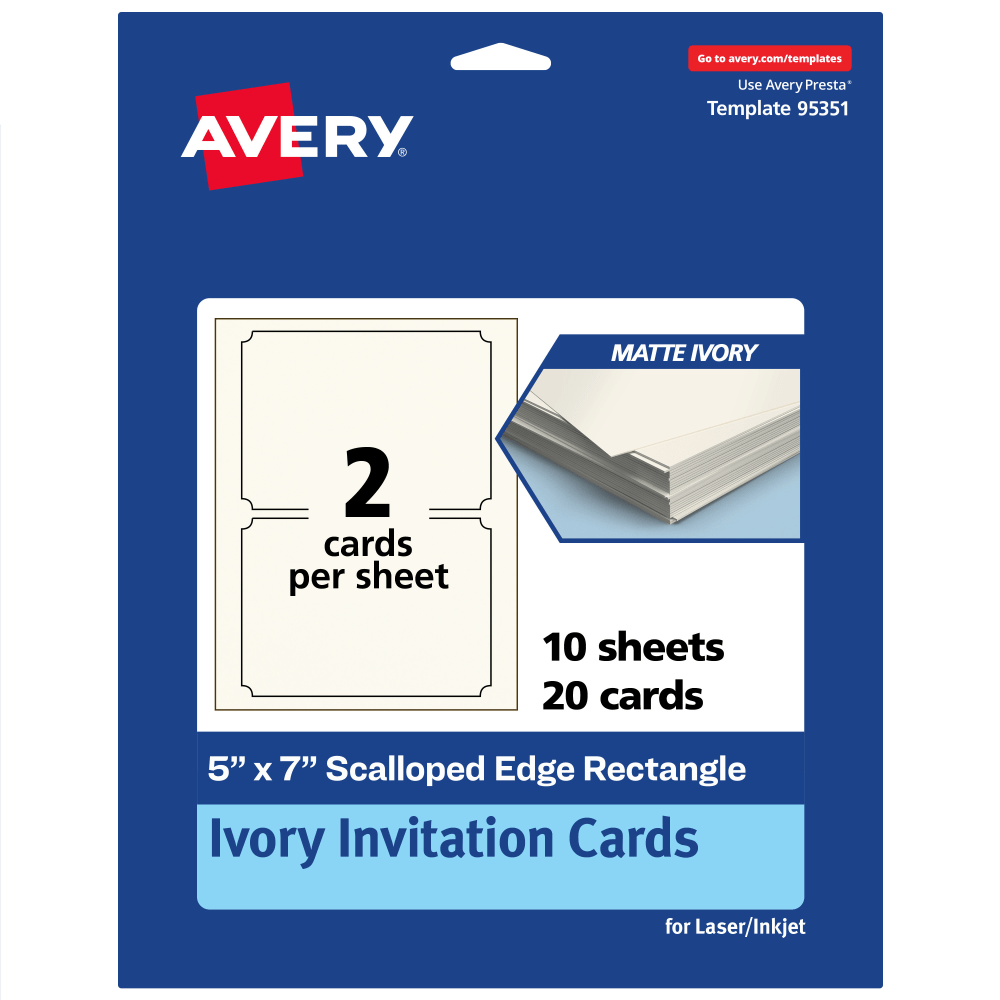 Avery Printable Invitation Cards, 5in x 7in Rectangle Scalloped Edge, Matte Ivory, Pack Of 20 MPN:95351-MIC10