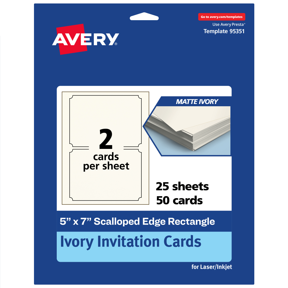 Avery Printable Invitation Cards, 5in x 7in Rectangle Scalloped Edge, Matte Ivory, Pack Of 50 MPN:95351-MIC25