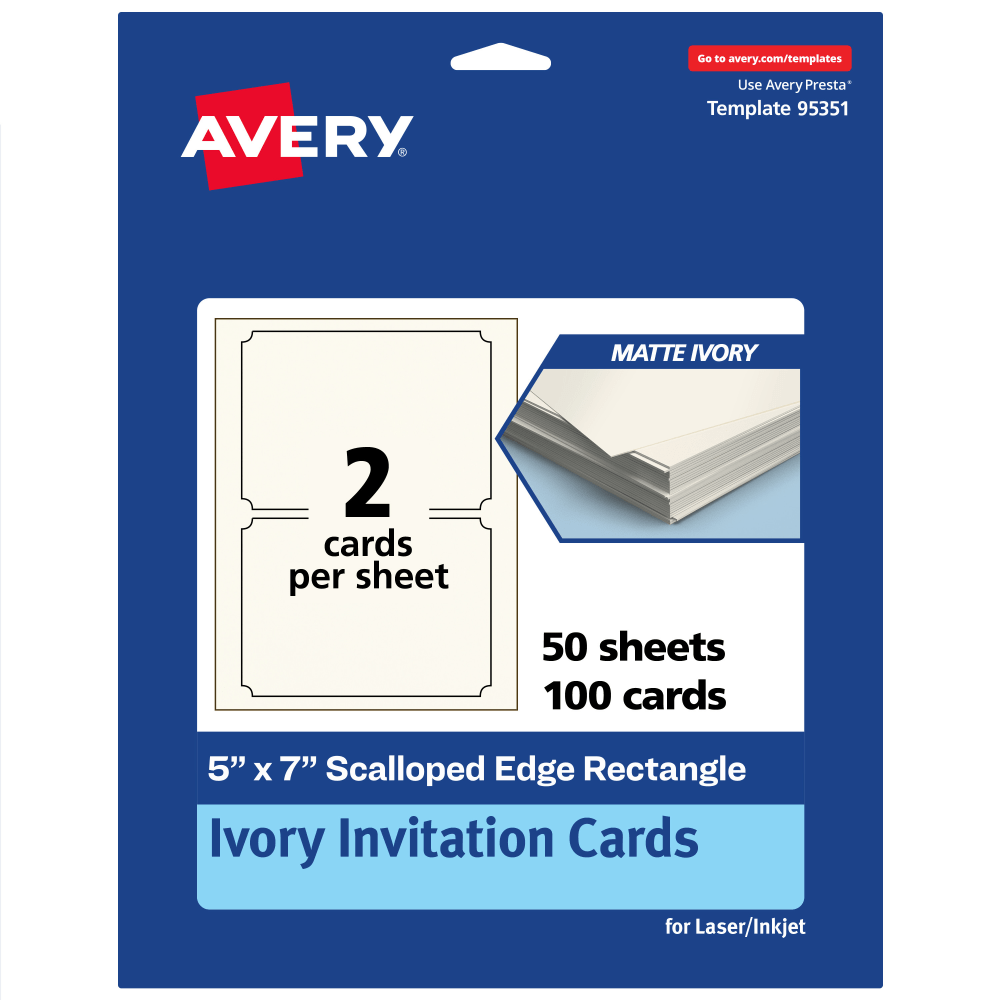 Avery Printable Invitation Cards, 5in x 7in Rectangle Scalloped Edge, Matte Ivory, Pack Of 100 MPN:95351-MIC50