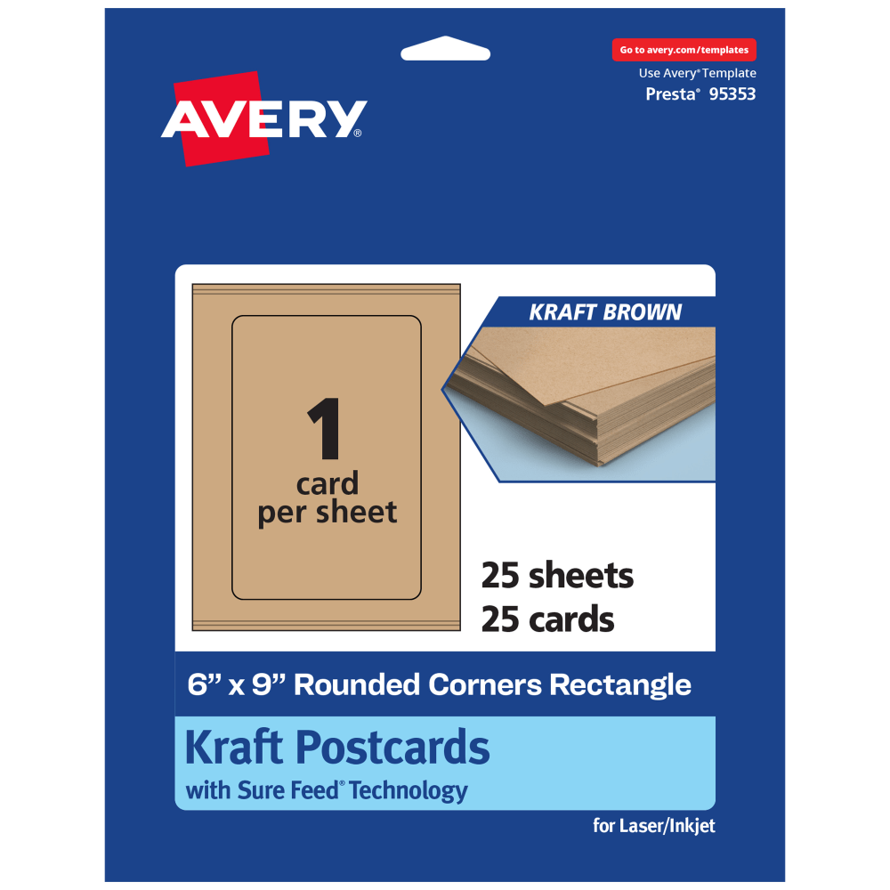 Avery Printable Postcards With Sure Feed Technology, 6in x 9in Rectangle Rounded Corners, Kraft Brown, Pack Of 25 MPN:95353-KMC25