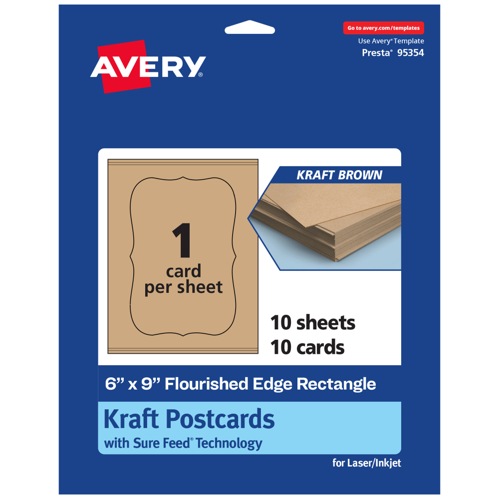 Avery Printable Postcards With Sure Feed Technology, 6in x 9in Rectangle Flourished Edge, Kraft Brown, Pack Of 10 MPN:95354-KMC10