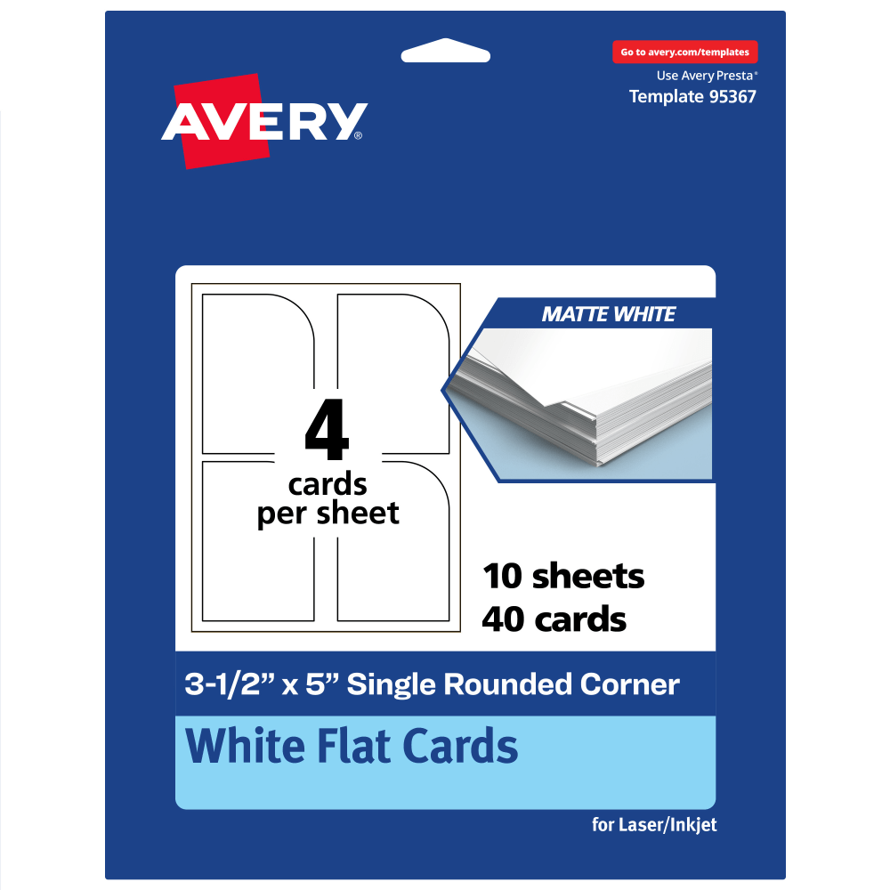 Avery Print-To-The-Edge Flat Cards, 3-1/2inx5in Rectangle Single Rounded Corner, Matte White, Pack Of 40 MPN:95367-MWC10
