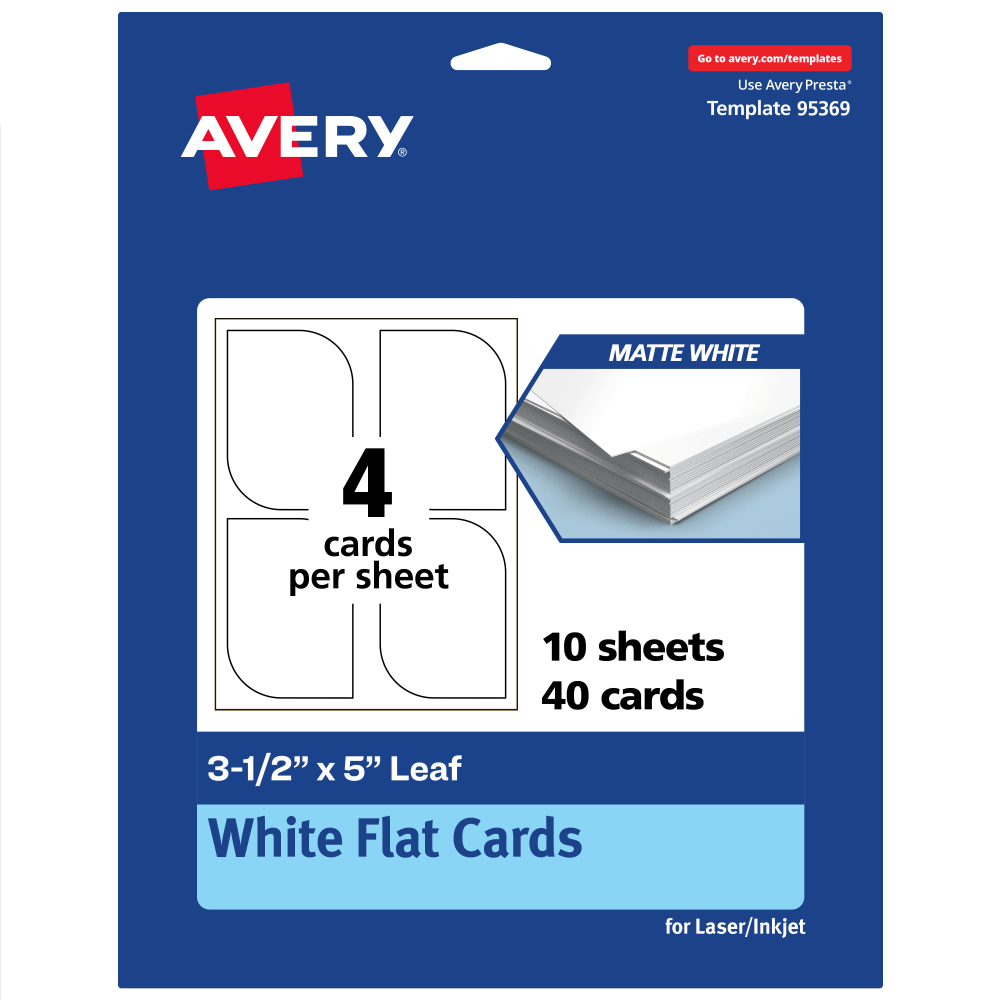 Avery Print-To-The-Edge Flat Cards, 3-1/2inx5in Leaf, Matte White, Pack Of 40 MPN:95369-MWC10