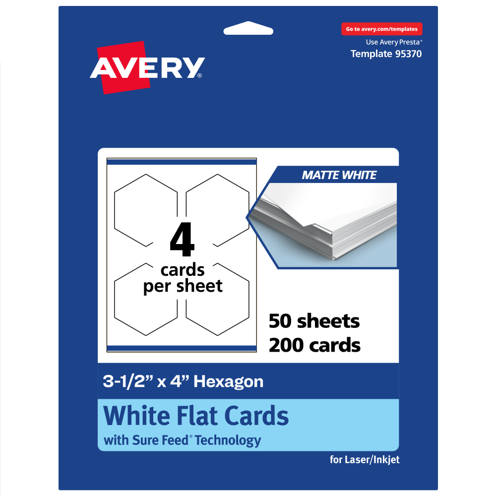 Avery Print-To-The-Edge Flat Cards With Sure Feed Technology, 3-1/2inx4in Hexagon, Matte White, Pack Of 200 MPN:95370-MWC50