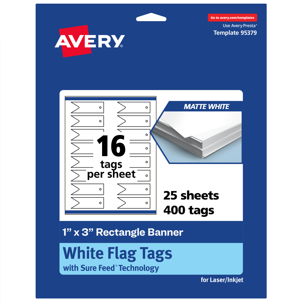 Avery Print-To-The-Edge Flag Tags With Sure Feed Technology, 1inx3in Rectangle Banner, Matte White, Pack Of 400 MPN:95379-MWT25