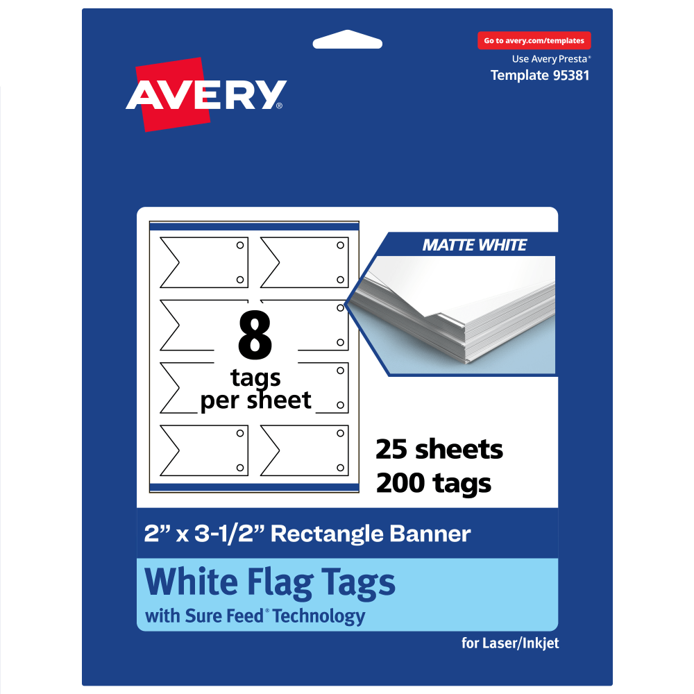 Avery Print-To-The-Edge Flag Tags With Sure Feed Technology, 2inx3-1/2in Rectangle Banner, Matte White, Pack Of 200 MPN:95381-MWT25