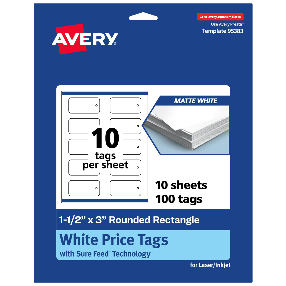 Avery Print-To-The-Edge Price Tags With Sure Feed Technology, 1-1/2inx3in Rectangle Rounded, Matte White, Pack Of 100, 95383MWT10 MPN:95383-MWT10
