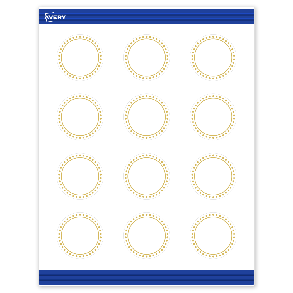 Avery Printable Round Cards With Sure Feed Technology, 2in, Matte White With Preprinted Preprinted Gold Dot Border, Pack Of 120 MPN:S00-D1E-PRMWC10