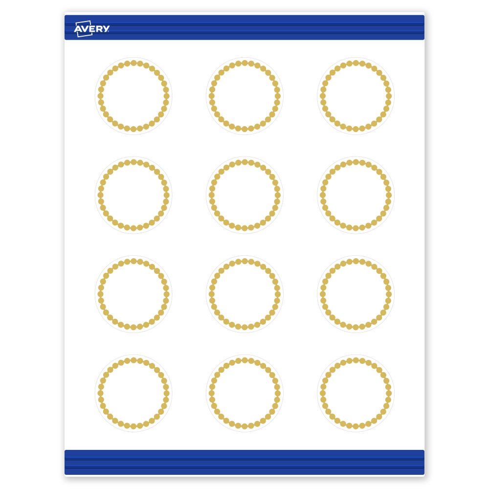 Avery Printable Round Cards With Sure Feed Technology, 2in, Matte White With Preprinted Gold Bead Design, Pack Of 120 MPN:S00-D1K-PRMWC10