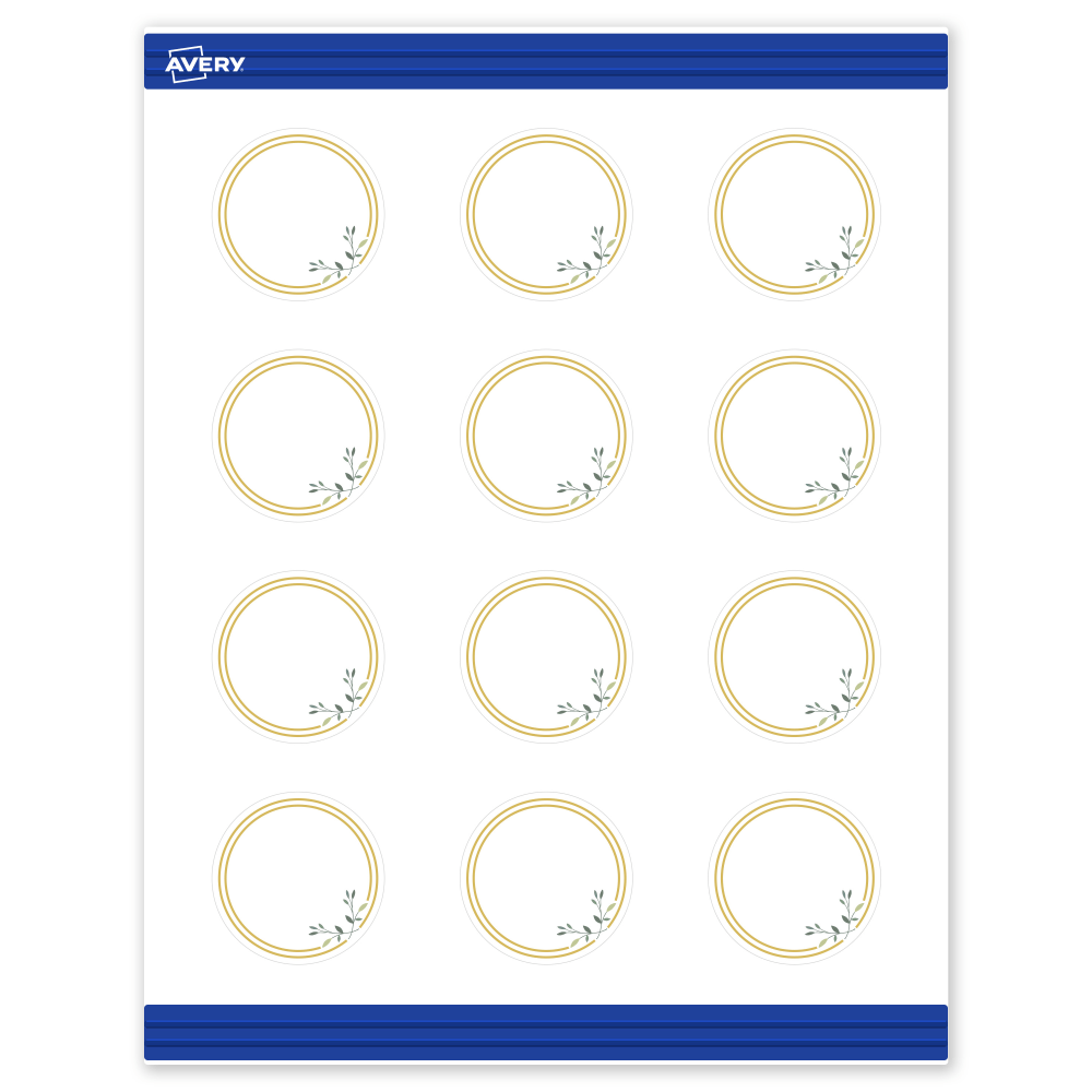 Avery Printable Round Cards With Sure Feed Technology, 2in, Matte White With Preprinted Gold Double Border Floral Design, Pack Of 120 MPN:S00-D2P-PRMWC10