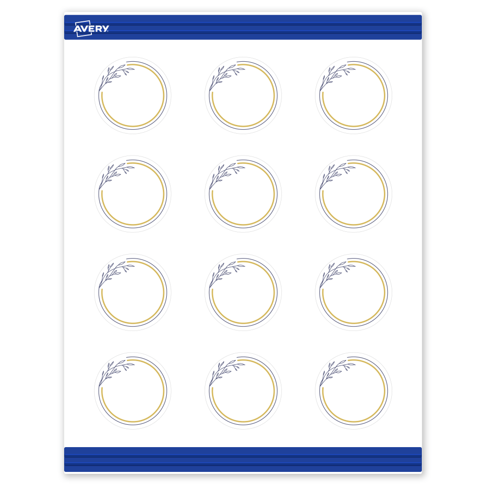 Avery Printable Round Cards With Sure Feed Technology, 2in, Matte White With Preprinted Floral Gold/Navy Border, Pack Of 120 MPN:S00-D30-PRMWC10