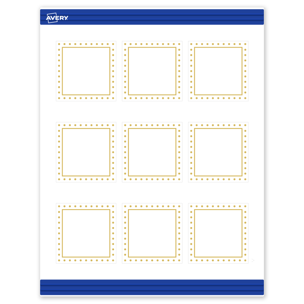 Avery Printable Cards With Sure Feed Technology, 2-1/2in x 2-1/2in, Matte White With Preprinted Gold Dot Border, Pack Of 90 MPN:S00-DJ4-PRMWC10