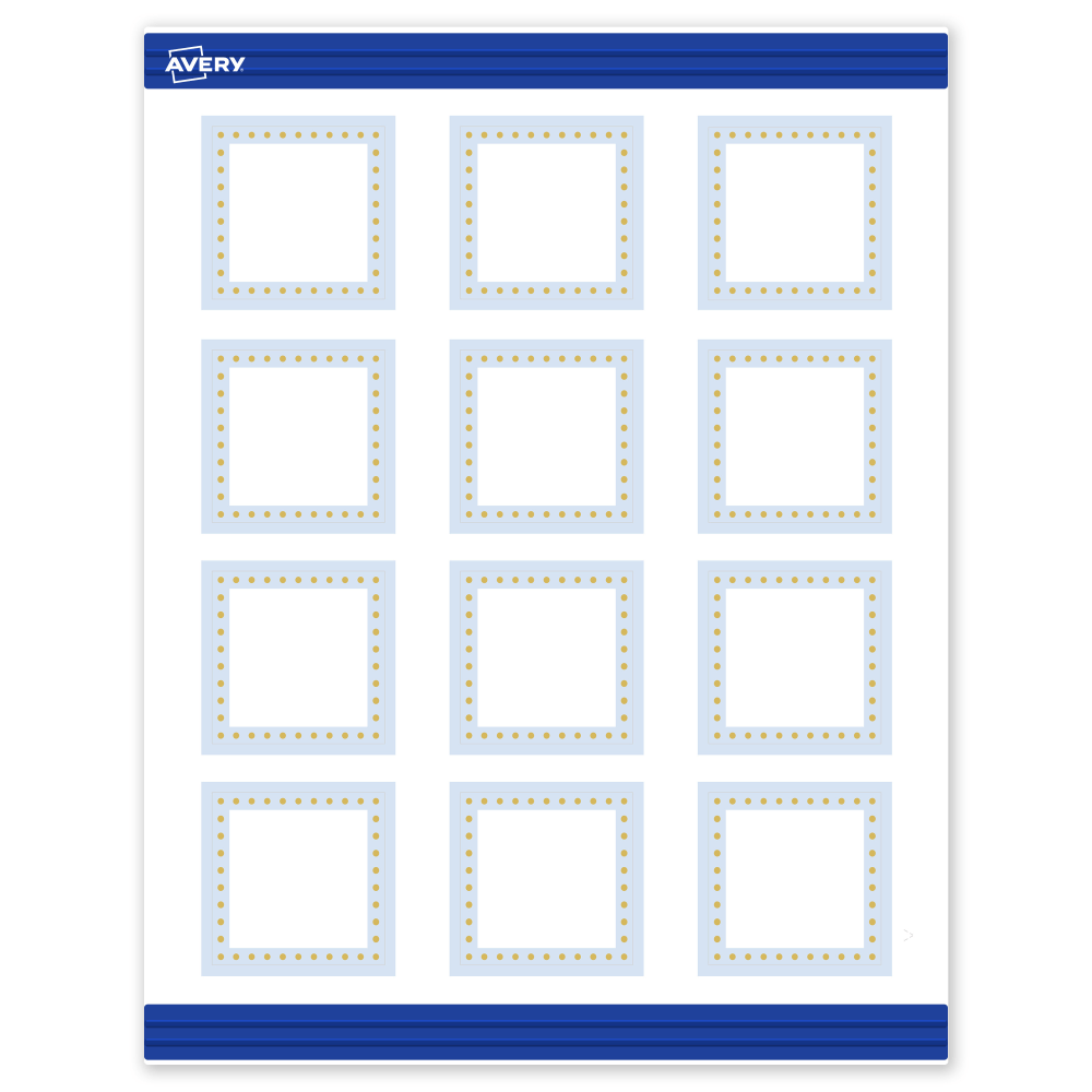 Avery Printable Cards With Sure Feed Technology, 2in x 2in, Matte White With Gold Dots/Blue Border Design, Pack Of 120 MPN:S00-DMJ-PRMWC10