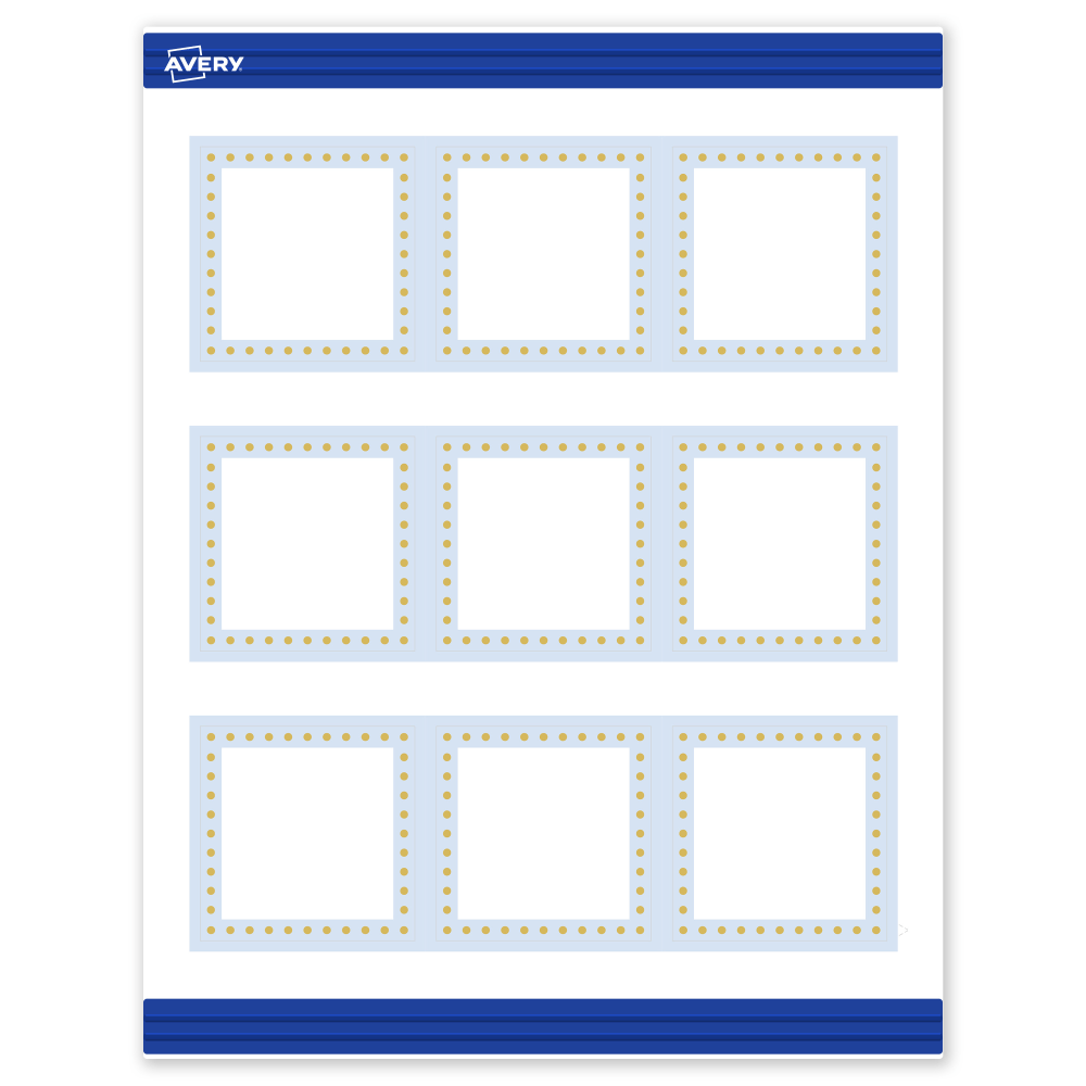 Avery Printable Cards With Sure Feed Technology, 2-1/2in x 2-1/2in, Matte White With Gold Dots/Blue Border Design, Pack Of 90 MPN:S00-DMK-PRMWC10