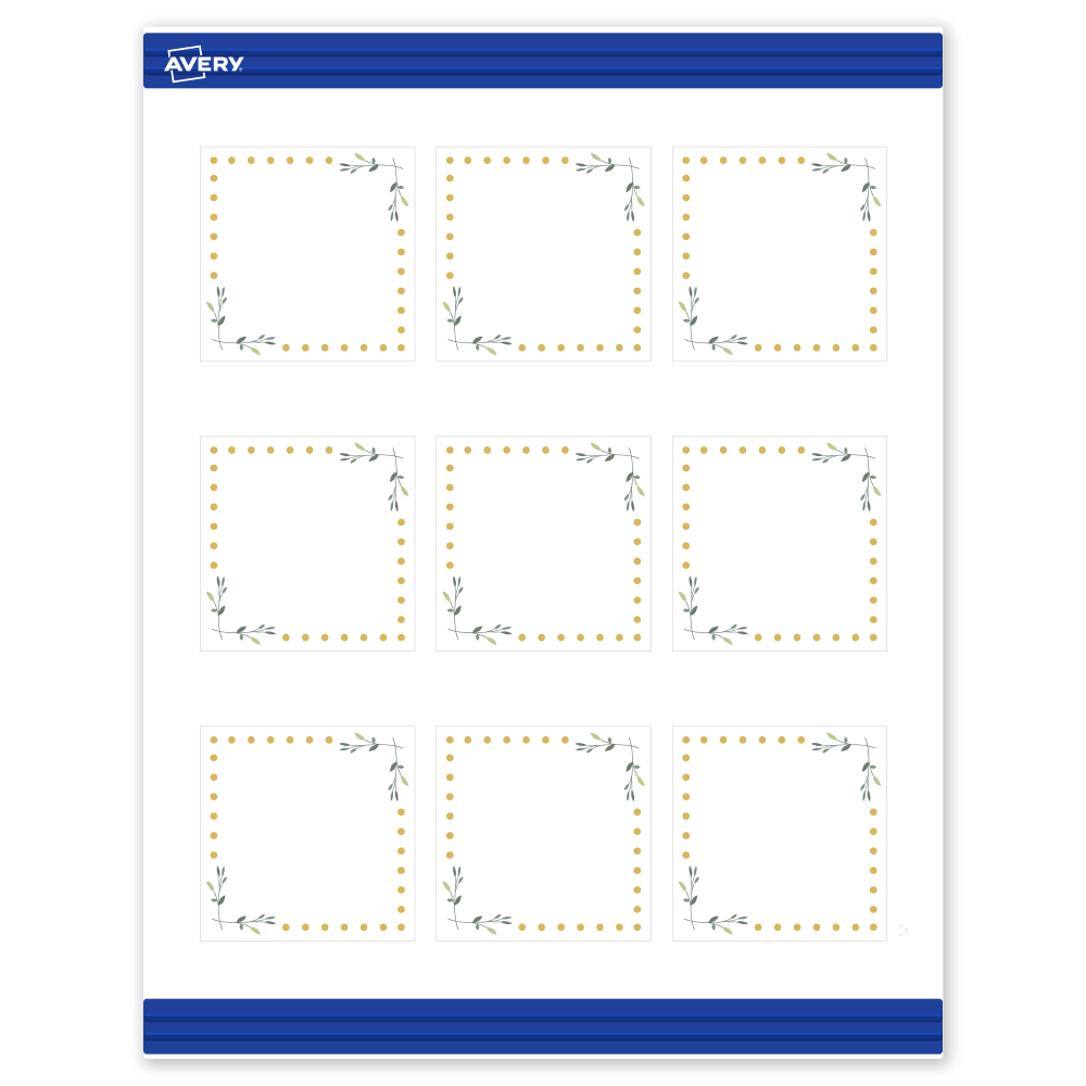 Avery Printable Cards With Sure Feed Technology, 2-1/2in x 2-1/2in, Matte White With Gold Dots/Green Floral Design, Pack Of 90 MPN:S00-DNA-PRMWC10
