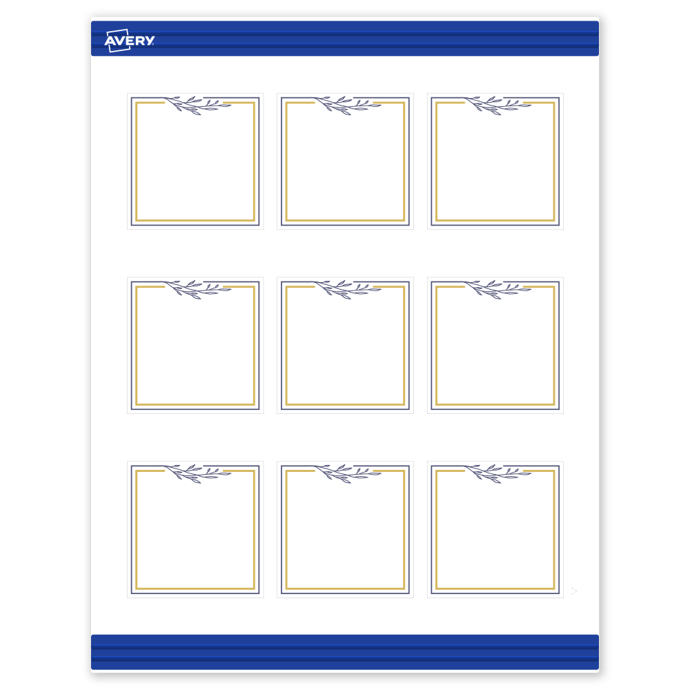 Avery Printable Cards With Sure Feed Technology, 2-1/2in x 2-1/2in, Matte White With Floral Gold/Navy Border, Pack Of 90 MPN:S00-DNP-PRMWC10