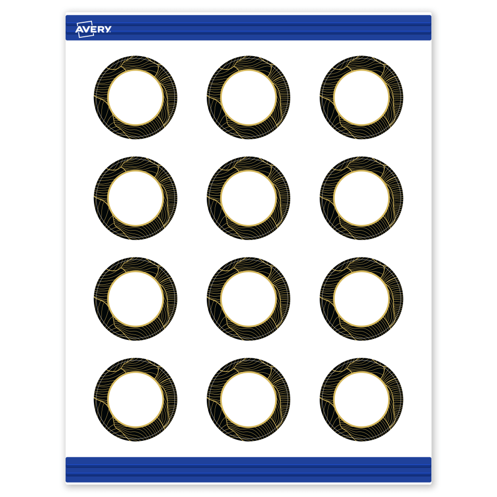 Avery Printable Round Cards With Sure Feed Technology, 2in, Matte White With Preprinted Black Border with Gold Pattern Design, Pack Of 120 MPN:S00-ETN-PRMWC10
