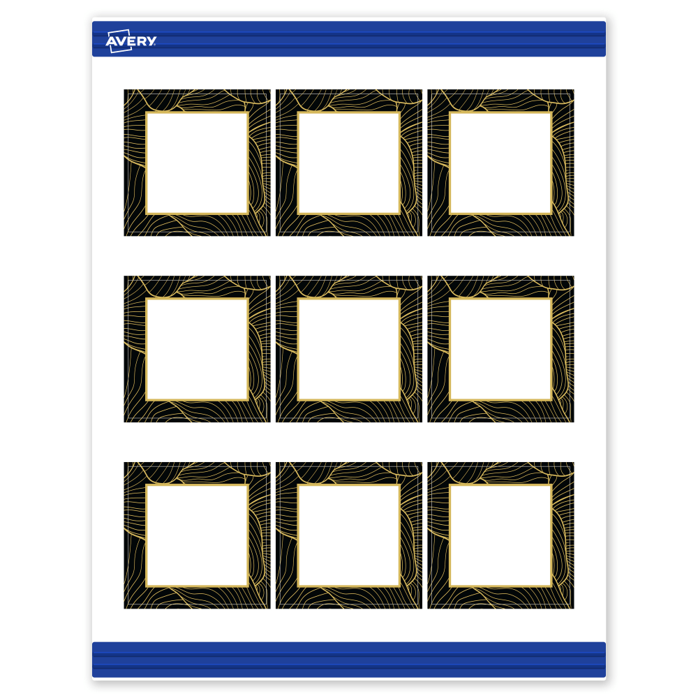 Avery Printable Cards With Sure Feed Technology, 2-1/2in x 2-1/2in, Matte White With Black Border with Gold Pattern, Pack Of 90 MPN:S00-ETR-PRMWC10