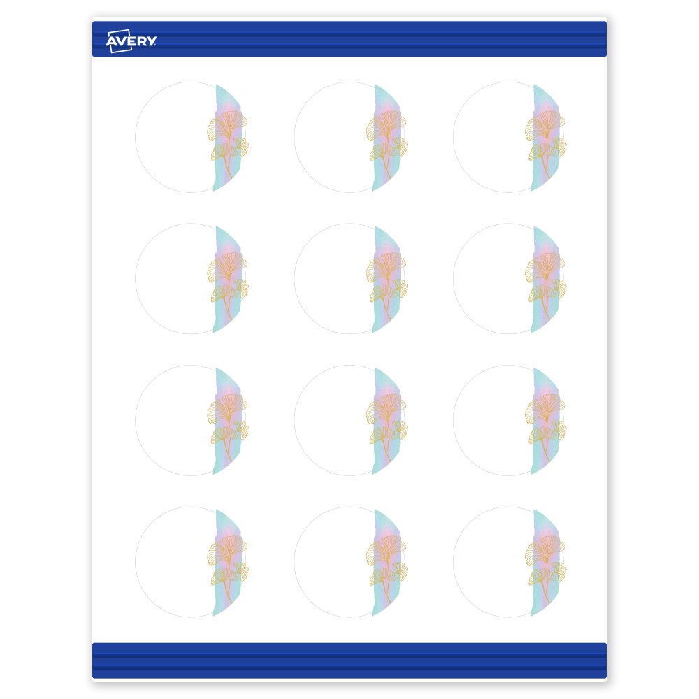 Avery Printable Round Cards With Sure Feed Technology, 2in, Matte White With Preprinted Watercolor/Gold Leaf Design, Pack Of 120 MPN:S00-EVH-PRMWC10