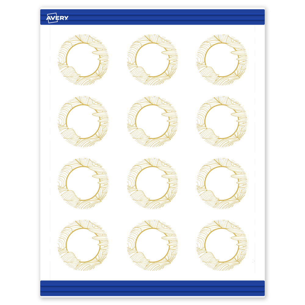 Avery Printable Round Cards With Sure Feed Technology, 2in, Matte White With Preprinted Gold Florals Design, Pack Of 120 MPN:S00-EW0-PRMWC10