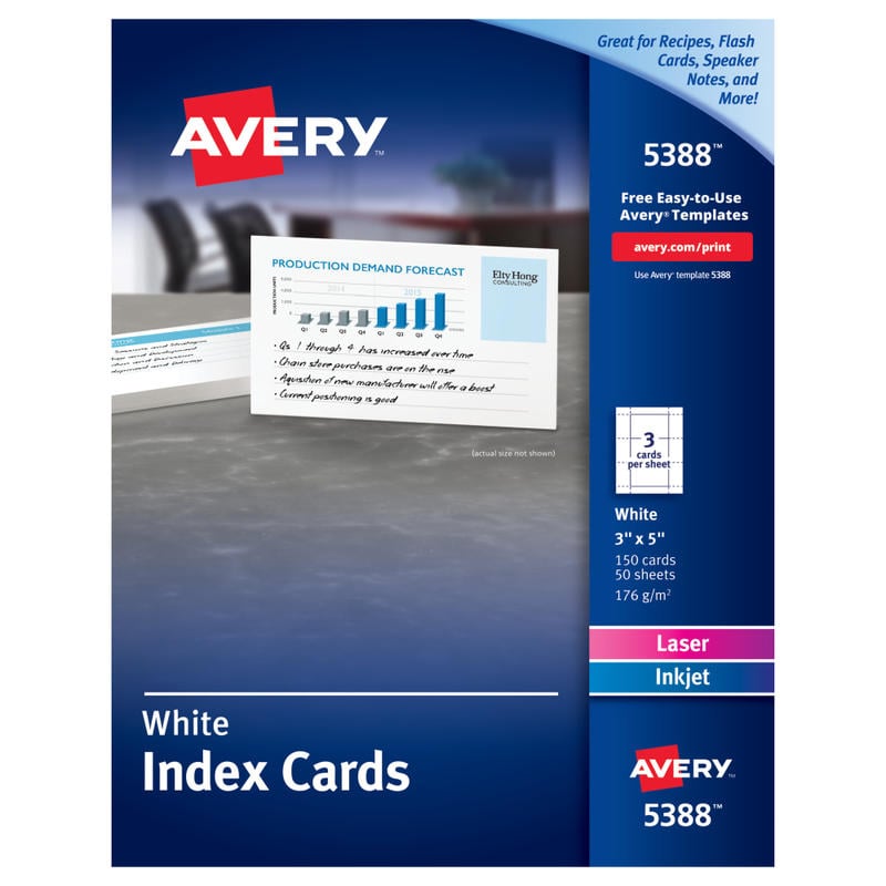 Avery Printable Index Cards With Sure Feed Technology, 3in x 5in, White, 150 Blank Index Cards (Min Order Qty 3) MPN:5388