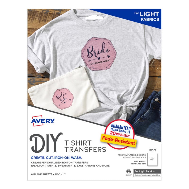 Avery Light Fabric T-Shirt Transfers For Inkjet Printers, 3271, Pack Of 6 (Min Order Qty 7) MPN:3271