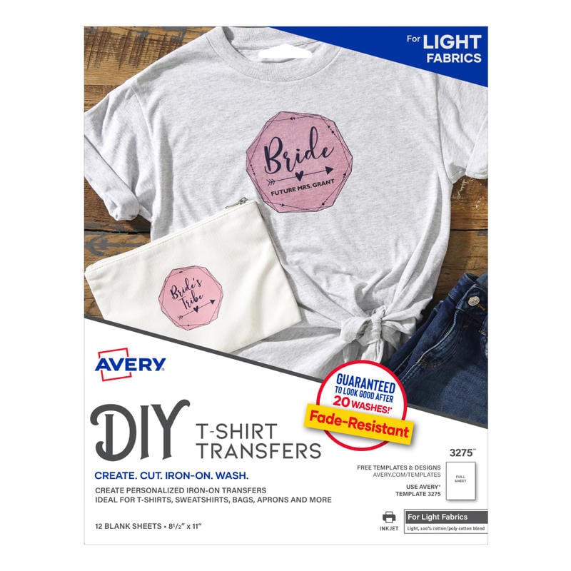 Avery Inkjet Printer T-Shirt Transfer Paper, 3275, Letter Size (8 1/2in x 11in), Pack Of 12 (Min Order Qty 4) MPN:3275