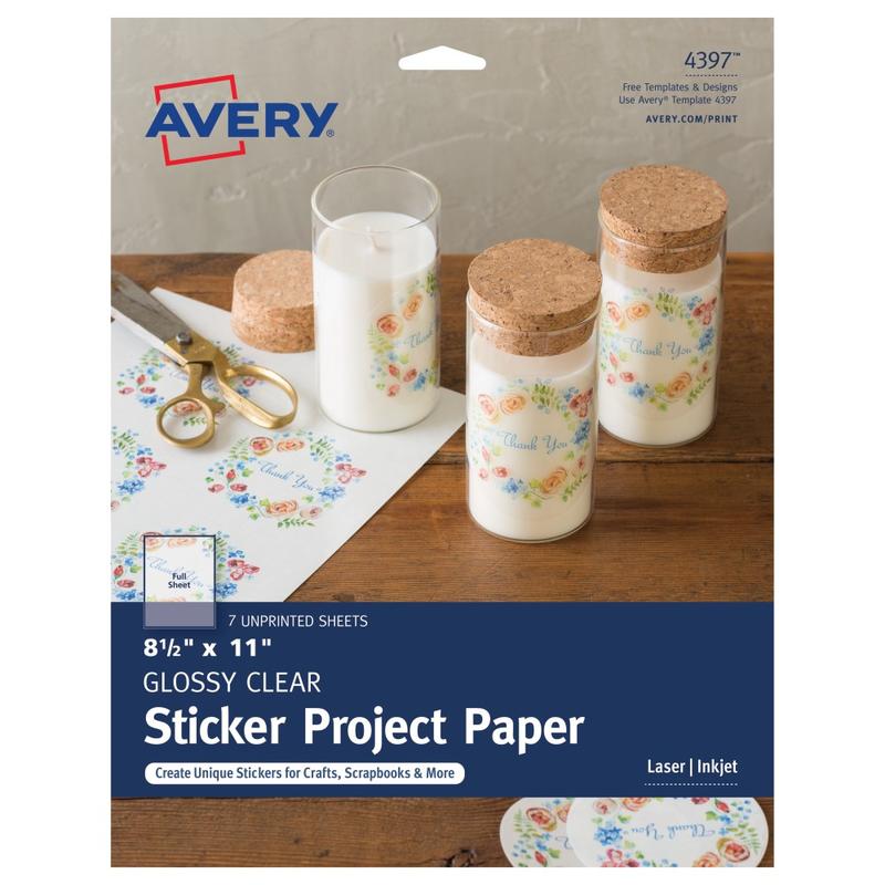Avery Printable Sticker Paper For Laser & Inkjet Printers, 8.5in x 11in, Glossy Clear, 7 Craft Paper Sheets (Min Order Qty 8) MPN:4397