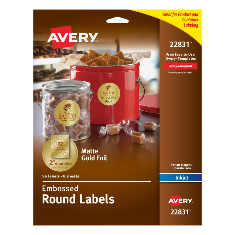Avery Printable Embossed Foil Labels, 22831, Round, 2in Diameter, Gold, Pack Of 96 Customizable Labels MPN:22831