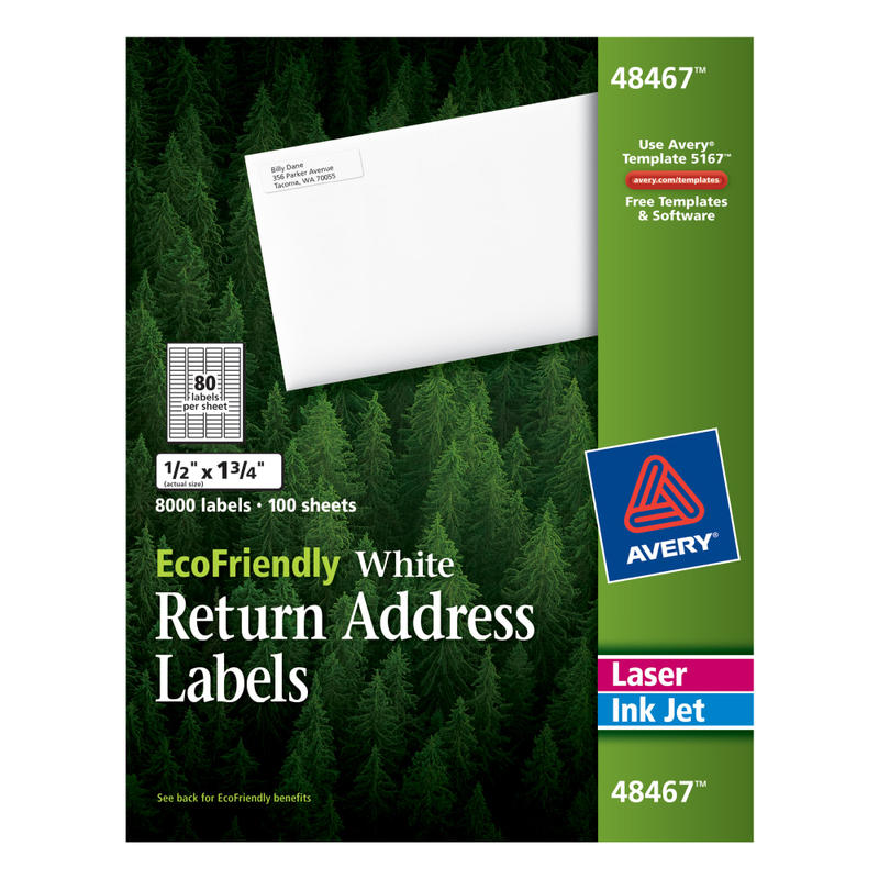 Avery Easy Peel EcoFriendly Permanent Inkjet/Laser Return Address Labels, 48467, 1/2in x 1 3/4in, 100% Recycled, White, Pack Of 8, 000 MPN:48467