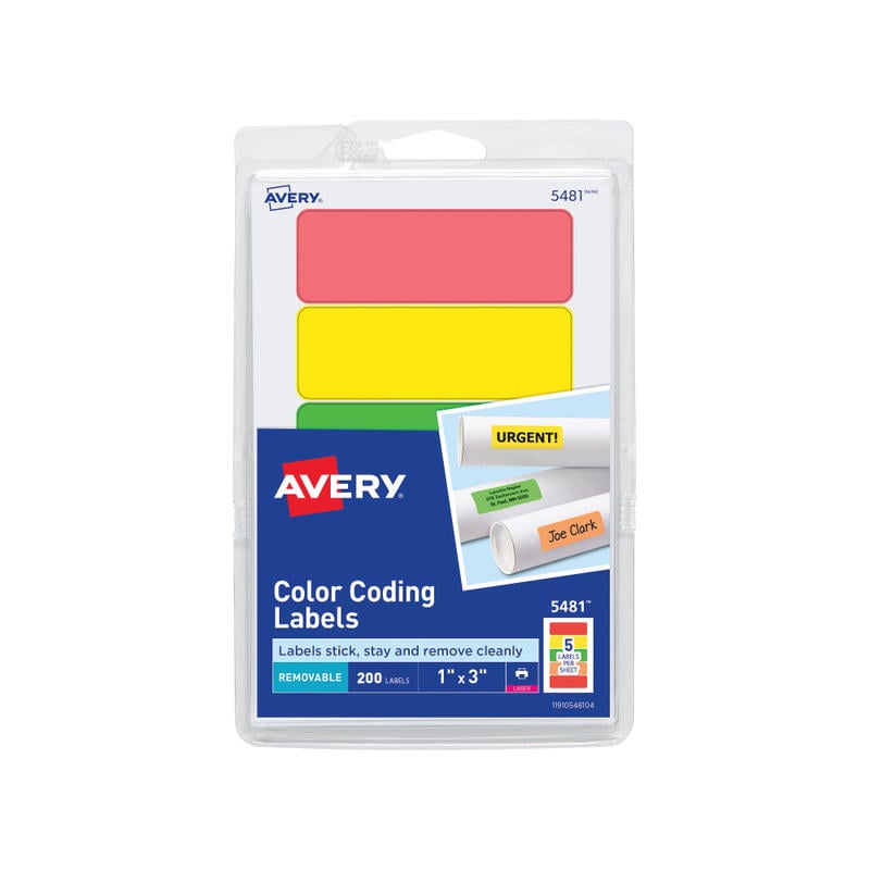Avery Self-Adhesive Removable Print Or Write Color Coding Labels  5481  Rectangle  1in x 3in  Assorted (Green  Orange  Red  Yellow)  Pack Of 200 MPN:5481