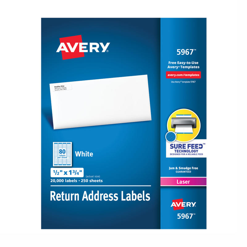 Avery Laser Address Labels With Sure Feed Technology, Return, AVE5967, 1/2in x 1 3/4in, White, Pack Of 20, 000 MPN:5967